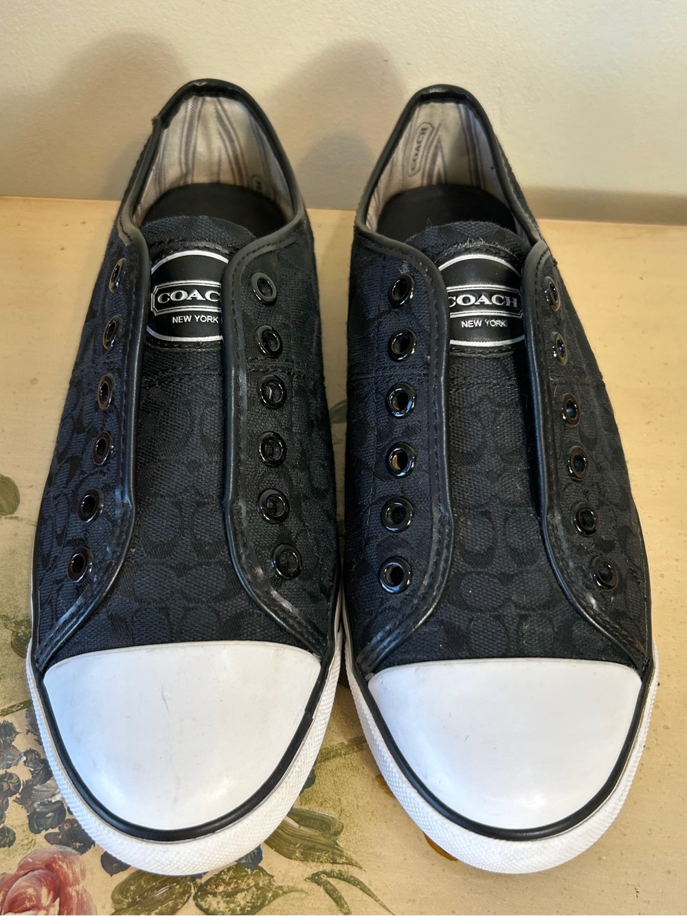 Coach Mika Black & White Canvas Laceless Slip On Sneakers